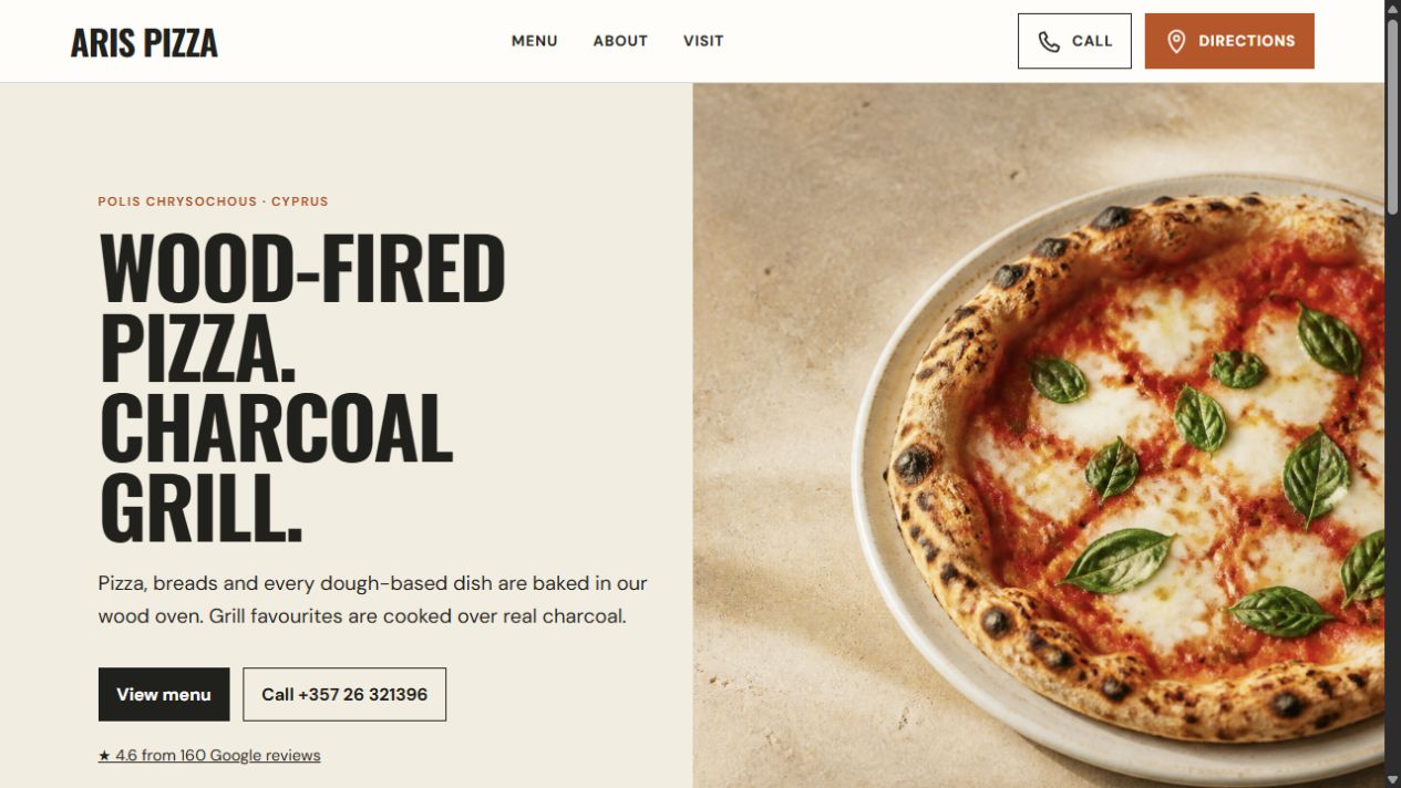 Aris Pizza website homepage